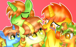 Size: 1500x940 | Tagged: safe, artist:doraeartdreams-aspy, derpibooru import, oc, oc only, oc:aspen, oc:fair dye, oc:firecracker, oc:paradise pier, oc:ryan, unicorn, crying, family, female, male, mare, parent:oc:aspen, parent:oc:ryan, parents:ryspen, ryspen, stallion