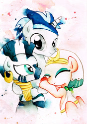 Size: 1600x2283 | Tagged: safe, artist:mashiromiku, derpibooru import, somnambula, zecora, oc, pegasus, pony, unicorn, zebra, commission, female, hug, male, mare, stallion, traditional art, watercolor painting