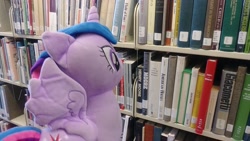 Size: 2560x1440 | Tagged: safe, derpibooru import, twilight sparkle, twilight sparkle (alicorn), alicorn, book, library, plushie, solo, that pony sure does love books, twilight day