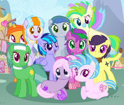 Size: 1004x852 | Tagged: safe, artist:razorbladetheunicron, derpibooru import, oc, oc only, oc:cardamom, oc:citrus surprise, oc:confetti balloon, oc:dewdrop glisten, oc:firestorm swirl, oc:lilac, oc:prairie, oc:rose gold, oc:smokey whistle, oc:windy blitz, alternate universe, base used, cutie mark, female, group, group photo, lateverse, magical lesbian spawn, male, next generation, offspring, parent:amethyst star, parent:birch bucket, parent:capper dapperpaws, parent:flash sentry, parent:flitter, parent:limestone pie, parent:lotus blossom, parent:pinkie pie, parent:prince blueblood, parent:princess skystar, parent:saffron masala, parent:soarin', parent:spike, parent:thunderlane, parent:twilight sparkle, parent:twirly, parent:vinyl scratch, parents:amespike, parents:bluemasala, parents:flashlight, parents:flitterlane, parents:limin', parents:lotusbucket, parents:saffer, parents:skytwirl, parents:vinylpie