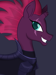 Size: 535x711 | Tagged: safe, artist:wubcakeva, tempest shadow, pony, unicorn, my little pony: the movie, broken horn, eye scar, female, grin, mare, scar, simple background, smiling, smirk, solo, when she smiles