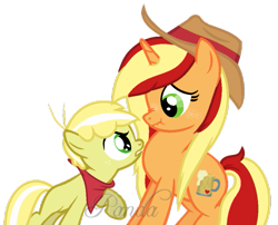 Size: 691x559 | Tagged: safe, artist:ipandacakes, derpibooru import, oc, oc only, oc:apple spritz, oc:lil' buck, unicorn, angry, bandana, base used, colt, female, hat, male, mare, offspring, parent:applejack, parent:flim, parents:flimjack, raised hoof, simple background, story included, transparent background