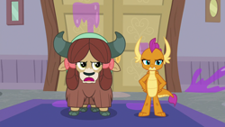 Size: 1280x720 | Tagged: safe, derpibooru import, screencap, smolder, yona, dragon, yak, the hearth's warming club, cloven hooves, displeased, dragoness, female, front view, hair bow, hands on head, horns, looking at someone, messy, monkey swings, narrowed eyes, smolder is not amused, talking, teenaged dragon, teenager, unamused, yona is not amused