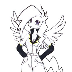 Size: 550x550 | Tagged: safe, artist:rikkitz, oc, oc only, oc:blueball blitz, anthro, pegasus, anthro oc, breasts, cleavage, clothes, costume, female, hand on hip, looking at you, mare, shadowbolts, shadowbolts costume, solo