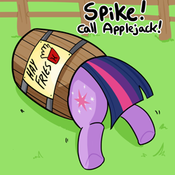 Size: 1650x1650 | Tagged: safe, artist:tjpones, derpibooru import, edit, twilight sparkle, pony, barrel, dialogue, female, food, french fries, hay fries, implied spike, mare, offscreen character, stuck, sweet apple acres