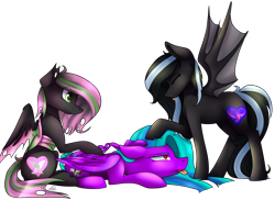 Size: 3000x2187 | Tagged: safe, artist:harmonyskish, oc, oc only, bat pony, changeling, pegasus, pony, female, high res, mare, petting, pink changeling, prone, simple background, tongue out, transparent background