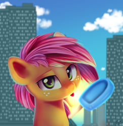 Size: 1892x1943 | Tagged: safe, artist:php69, babs seed, earth pony, pony, building, female, filly, floating object, food, popsicle, solo, sun, tongue out