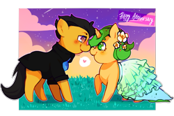 Size: 847x562 | Tagged: safe, artist:gingerale, derpibooru import, oc, oc only, oc:darren cuffs, oc:olive drab, earth pony, pony, unicorn, boop, clothes, crossdressing, dress, flower, flower in hair, gay, heart, looking into each others eyes, male, noseboop, oc x oc, pictogram, shipping, simple background, suit, transparent background