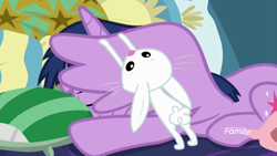 Size: 1366x768 | Tagged: safe, derpibooru import, screencap, angel bunny, twilight sparkle, twilight sparkle (alicorn), alicorn, pony, rabbit, school daze, bed, duo, female, male, mare, pillow, sleeping, wings