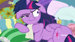 Size: 1366x768 | Tagged: safe, derpibooru import, screencap, twilight sparkle, twilight sparkle (alicorn), alicorn, pony, school daze, angry, bed, female, floppy ears, mare, pillow, sad, solo, tissue, upset