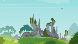 Size: 1366x768 | Tagged: safe, derpibooru import, screencap, gallus, school daze, castle of the royal pony sisters, flying, ruins, scenery, solo