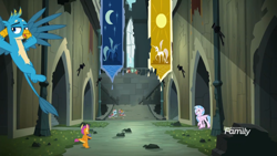 Size: 1366x768 | Tagged: safe, derpibooru import, screencap, gallus, ocellus, silverstream, smolder, yona, classical hippogriff, dragon, griffon, hippogriff, school daze, architecture, arm behind head, banner, beautiful, book, castle of the royal pony sisters, dragoness, female, flying, grass, hall, male, ruins, scenery, smug, stairs