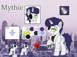 Size: 6000x4500 | Tagged: safe, artist:llonewanderer, artist:venomns, derpibooru import, oc, oc:mythic, pony, unicorn, absurd resolution, amputee, eyepatch, male, prosthetic limb, prosthetics, reference sheet, scar, solo, stallion