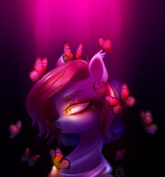 Size: 1861x2000 | Tagged: safe, artist:rappy-yum, derpibooru import, oc, oc only, butterfly, bust, ear piercing, earring, eyeshadow, female, glowing eyes, jewelry, lipstick, makeup, piercing, signature, slit eyes, solo