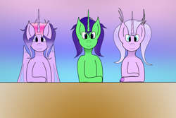 Size: 1500x1000 | Tagged: safe, artist:wonderschwifty, derpibooru exclusive, derpibooru import, oc, oc:lily feathers, oc:lovely swirls, oc:wonder sparkle, alicorn, hippogriff, unicorn, gradient background, table, wingless hippogriff