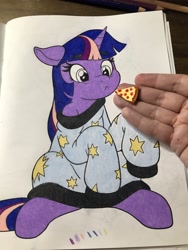 Size: 3024x4032 | Tagged: safe, artist:latecustomer, derpibooru import, twilight sparkle, human, blushing, clothes, colored pencil drawing, coloring book, confused, food, frown, hand, meat, oversized clothes, pepperoni, pepperoni pizza, photo, pizza, sweater, traditional art