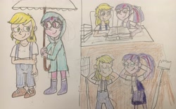 Size: 4005x2507 | Tagged: safe, artist:13mcjunkinm, derpibooru import, applejack, sci-twi, twilight sparkle, equestria girls, book, broom, female, lesbian, raincoat, scitwijack, shipping, traditional art, twijack, umbrella, younger