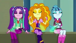 Size: 1280x738 | Tagged: safe, derpibooru import, screencap, adagio dazzle, aria blaze, sonata dusk, equestria girls, rainbow rocks, cute, eyes closed, gem, jewelry, magic, necklace, screenshots, siren gem, the dazzlings