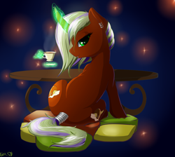 Size: 2229x2000 | Tagged: safe, artist:kirasunnight, derpibooru import, oc, oc only, pony, unicorn, both cutie marks, cup, ear piercing, earring, female, glowing horn, jewelry, levitation, lip piercing, looking at you, looking back, looking back at you, magic, mare, piercing, rear view, sitting, smiling, smiling at you, solo, stars, table, tail wrap, teacup, telekinesis