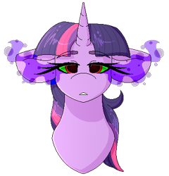 Size: 401x417 | Tagged: safe, artist:black-magic101, derpibooru import, twilight sparkle, pony, bust, female, lidded eyes, mare, pixel art, simple background, solo, sombra eyes, transparent background