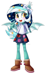 Size: 1024x1678 | Tagged: safe, artist:centchi, derpibooru import, oc, oc:wistful galaxy, human, pony, equestria girls, blushing, boots, bow, clothes, cute, ethereal mane, fangs, female, moe, ocbetes, pleated skirt, shirt, shoes, simple background, skirt, solo, starry mane, transparent background, watermark, winged humanization