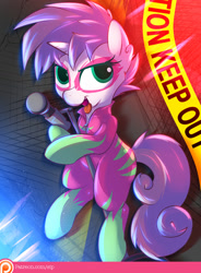 Size: 992x1346 | Tagged: safe, artist:sip, sweetie belle, pony, looking at you, patreon, patreon logo, police tape, show stopper outfits, solo