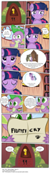 Size: 3391x11622 | Tagged: safe, artist:perfectblue97, spike, twilight sparkle, bear, dragon, earth pony, pony, comic:without magic, absurd resolution, blank flank, book, bookshelf, comic, crying, earth pony twilight, female, golden oaks library, implied poop, male, mare, outhouse, pointy ponies, toilet humor