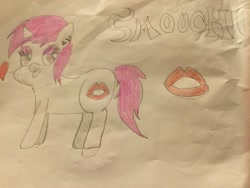 Size: 3264x2448 | Tagged: safe, artist:derpity, oc, oc only, oc:smoochie, pony, drawing, female, heart, kiss mark, kissing, lipstick, solo