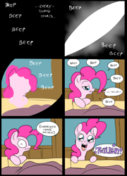 Size: 696x965 | Tagged: safe, artist:metal-kitty, derpibooru import, pinkie pie, twilight sparkle, earth pony, pony, comic:mlp project, bed, blanket, comic, descriptive noise, horse noises, hospital, offscreen character, pain, pov, simple background, waking up, window