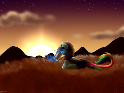 Size: 4000x3000 | Tagged: safe, artist:ohhoneybee, oc, oc only, oc:whirlwind, pegasus, pony, female, high res, magic, mare, mug, prone, solo, sunset