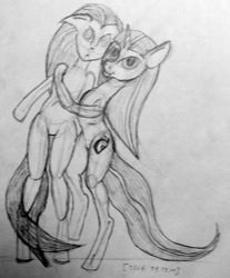 Size: 500x605 | Tagged: safe, artist:tour, oc, oc only, anthro, earth pony, unguligrade anthro, unicorn, duo, duo female, female, mare, monochrome, pencil drawing, simple background, traditional art, unnamed oc