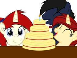 Size: 1600x1200 | Tagged: safe, artist:toyminator900, oc, oc only, oc:golden brooch, oc:shadowmoon, oc:silver draw, pony, birthday, cake, eyes closed, food, gift art, shadraw, trio