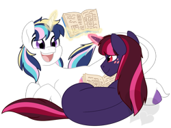 Size: 917x686 | Tagged: safe, artist:faith-wolff, derpibooru import, oc, oc only, book, female, glowing horn, magic, male, mare, open mouth, simple background, smiling, stallion, transparent background