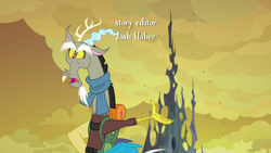 Size: 1280x720 | Tagged: safe, derpibooru import, screencap, discord, draconequus, to where and back again, backpack, changeling hive, changeling kingdom, clothes, hive, josh haber, male, opening credits, scarf, solo, spire, yellow sky