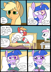 Size: 696x965 | Tagged: safe, artist:metal-kitty, derpibooru import, applejack, big macintosh, nurse redheart, twilight sparkle, earth pony, pony, comic:mlp project, bandage, bed, blanket, comic, eating, female, food, happy, hat, hospital, male, pain, pillow, plate, sandwich, shipping, simple background, straight, twimac, window