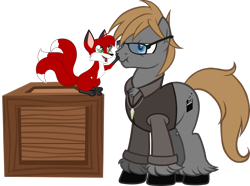 Size: 1238x923 | Tagged: safe, artist:theeditormlp, derpibooru import, oc, oc only, oc:the editor, oc:tricky fox, earth pony, pony, boop, clothes, crate, glasses, kitsune, male, shirt, simple background, solo, stallion, transparent background, vector, vest