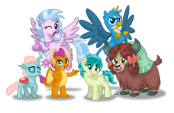 Size: 1600x1035 | Tagged: safe, artist:aleximusprime, derpibooru import, gallus, ocellus, sandbar, silverstream, smolder, yona, changedling, changeling, classical hippogriff, dragon, earth pony, griffon, hippogriff, pony, yak, school daze, season 8, spoiler:s08, collar, cute, diaocelles, diastreamies, dragoness, female, gallabetes, looking at you, one eye closed, sandabetes, simple background, smiling, smolderbetes, student six, transparent background, wink, yonadorable