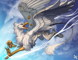 Size: 1280x989 | Tagged: safe, artist:zephra, oc, oc only, oc:der, griffon, cloud, cookie, flying, food, majestic, solo, that griffon sure "der"s love cookies