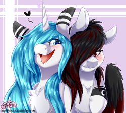 Size: 2900x2600 | Tagged: safe, artist:pinktabico, oc, oc only, bat pony, hybrid, pegasus, pony, unicorn, commission, duo, fangs, female, hair over one eye, mare, smiling