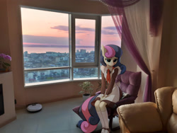 Size: 2560x1920 | Tagged: safe, artist:tomatocoup, derpibooru import, edit, bon bon, sweetie drops, anthro, earth pony, plantigrade anthro, city, clothes, crying, evening, female, irl, photo, photoshop, ponies in real life, room, roomba, russia, sad, school uniform, shoes, sitting, sofa, soviet, soviet school uniform, vladivostok, window