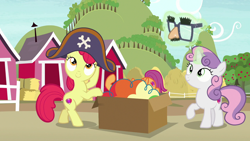 Size: 1280x720 | Tagged: safe, derpibooru import, screencap, apple bloom, scootaloo, sweetie belle, earth pony, pegasus, pony, unicorn, hard to say anything, apple tree, bipedal, bipedal leaning, box, clothes, costume, cutie mark crusaders, dressup, female, filly, glowing horn, hat, hay bale, horn, leaning, magic, pirate hat, sweet apple acres, telekinesis, tree