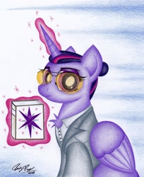 Size: 2020x2473 | Tagged: safe, artist:thechrispony, derpibooru import, twilight sparkle, twilight sparkle (alicorn), alicorn, book, chest fluff, clothes, crossover, far cry, far cry 5, glasses, glowing horn, joseph seed, looking at you, magic, signature, solo, suit, telekinesis, traditional art