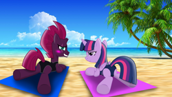 Size: 4229x2379 | Tagged: safe, artist:ejlightning007arts, derpibooru import, tempest shadow, twilight sparkle, twilight sparkle (alicorn), alicorn, beach, blushing, clothes, one-piece swimsuit, palm tree, swimsuit, tree