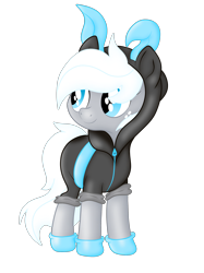 Size: 2048x2732 | Tagged: safe, artist:prismaticstars, oc, oc only, oc:silver stream, earth pony, pony, bunny ears, clothes, costume, dangerous mission outfit, female, freckles, high res, hoodie, mare, simple background, solo, transparent background