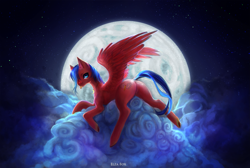 Size: 2975x2000 | Tagged: safe, artist:elzafox, derpibooru import, oc, oc only, pegasus, pony, cloud, cloudy, female, looking at you, mare, moon, night, on a cloud, solo, spread legs, spread wings, spreading, tongue out, wings