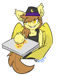 Size: 2550x3300 | Tagged: safe, artist:bbsartboutique, derpibooru import, oc, oc only, oc:stuffed crust, bat pony, apron, bronycon, clothes, ear fluff, fangs, food, hat, pizza, simple background, smiling, solo, tail, transparent background