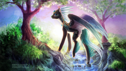 Size: 2500x1406 | Tagged: safe, artist:elzafox, derpibooru import, oc, oc only, oc:alpine apotheon, pegasus, pony, forest, river, solo, spread wings, tree, wings, ych result