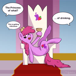 Size: 5906x5906 | Tagged: safe, artist:muffinkarton, berry punch, berryshine, absurd resolution, cheek fluff, chest fluff, drink, drinking, ear fluff, leg fluff, offscreen character, princess, solo, throne, throne room