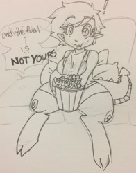 Size: 1793x2284 | Tagged: safe, artist:/d/non, oc, oc only, oc:thistle, satyr, breasts, eating, female, food, offspring, parent:spike, popcorn, soap opera, sofa, solo, television