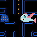 Size: 130x130 | Tagged: safe, artist:derek the metagamer, derpibooru import, ocellus, changedling, changeling, fish, ghost, non-compete clause, biteacuda, blue ghost, disguise, disguised changeling, pac-man, pixel art, sprite